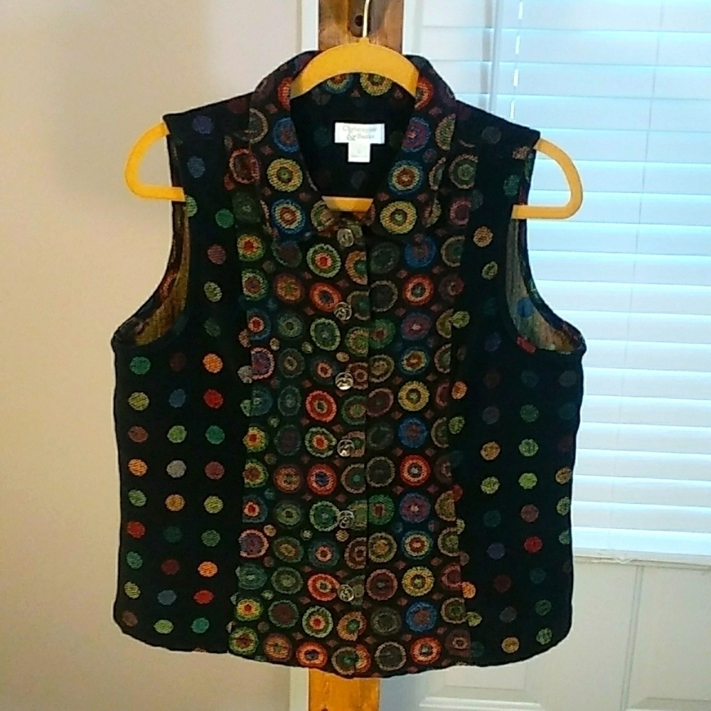 Christopher & Banks Black Colorful Sleeveless Polka Dot Corduroy Vest Size L
